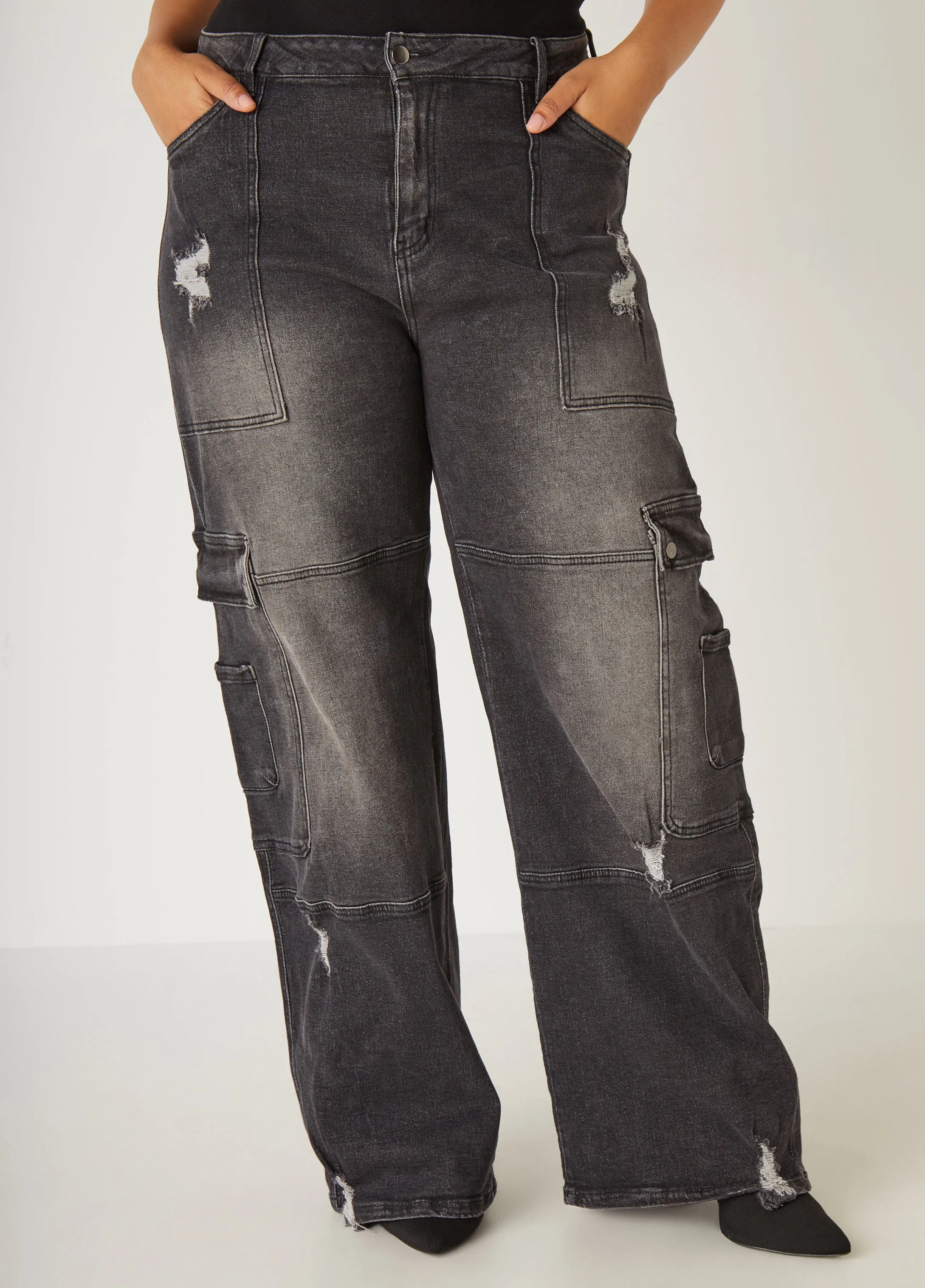 High Rise Distressed Cargo Jeans sold by Ashley Stewart
