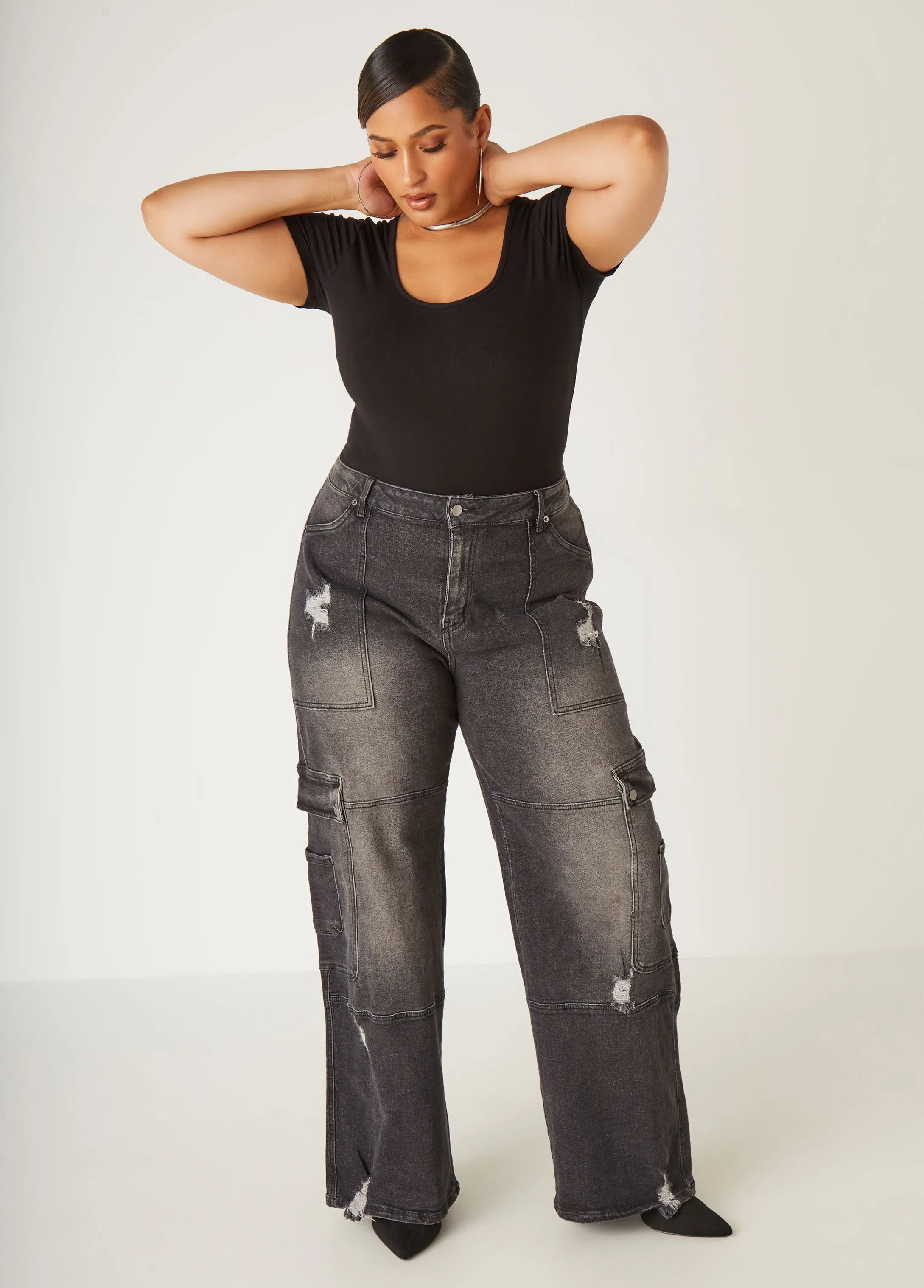 High Rise Distressed Cargo Jeans sold by Ashley Stewart product image thumbnail 5