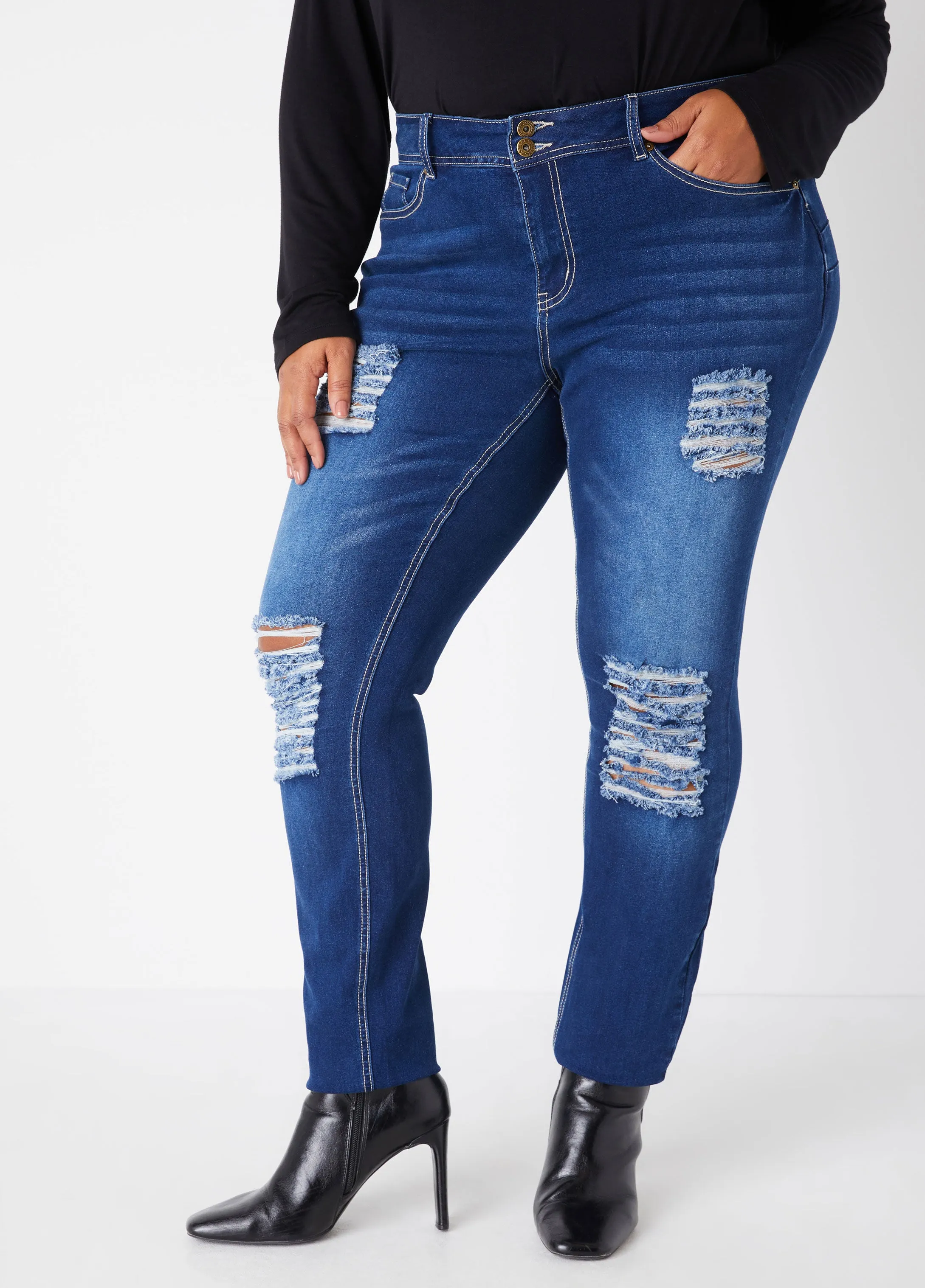 Distressed High Rise Skinny Jeans sold by Ashley Stewart