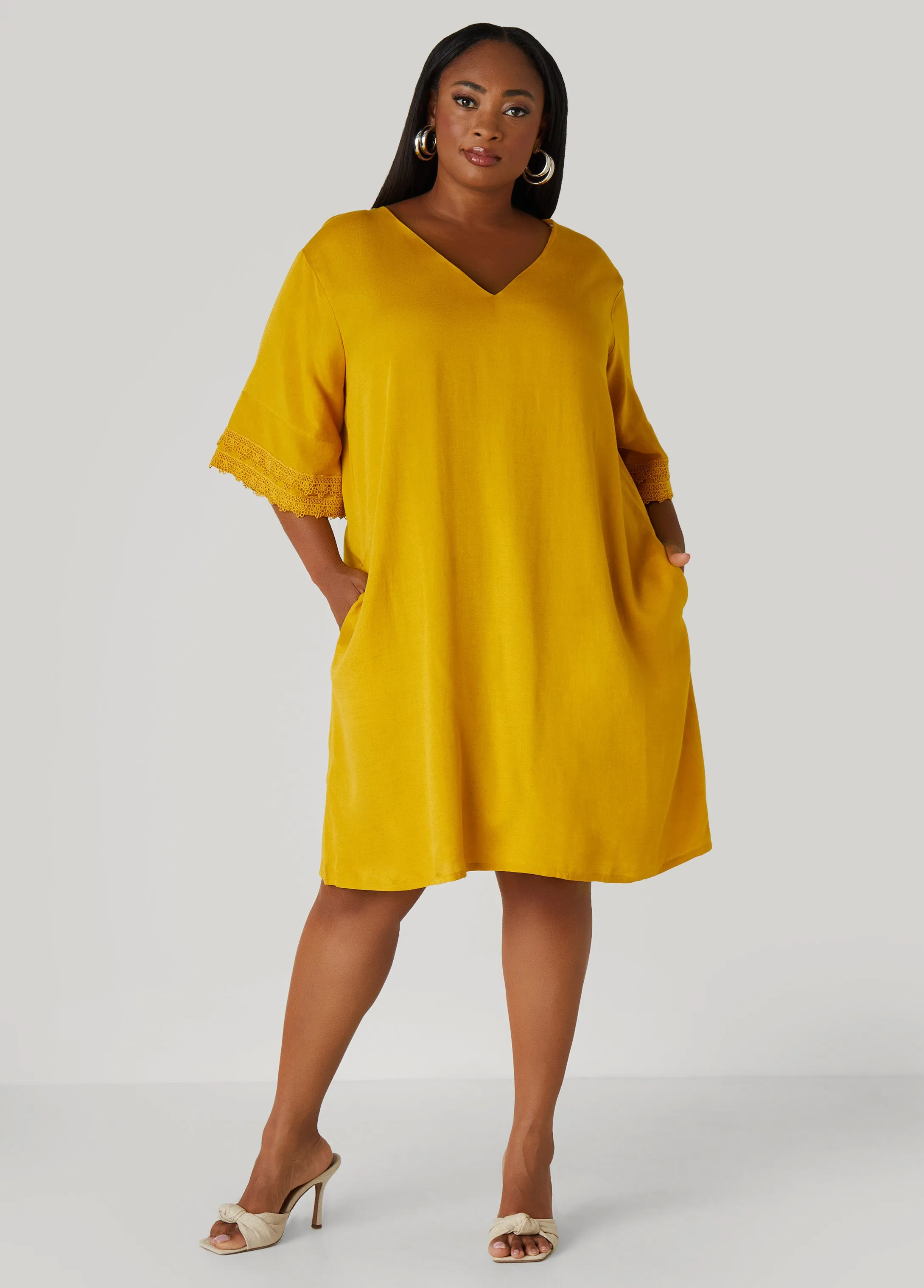 Crochet Trimmed V Neck Dress sold by Ashley Stewart