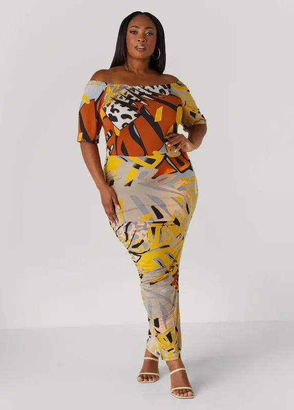 Off The Shoulder Printed Maxi Dress sold by Ashley Stewart