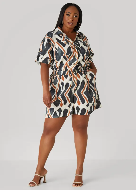 Abstract Cotton And Linen Romper sold by Ashley Stewart