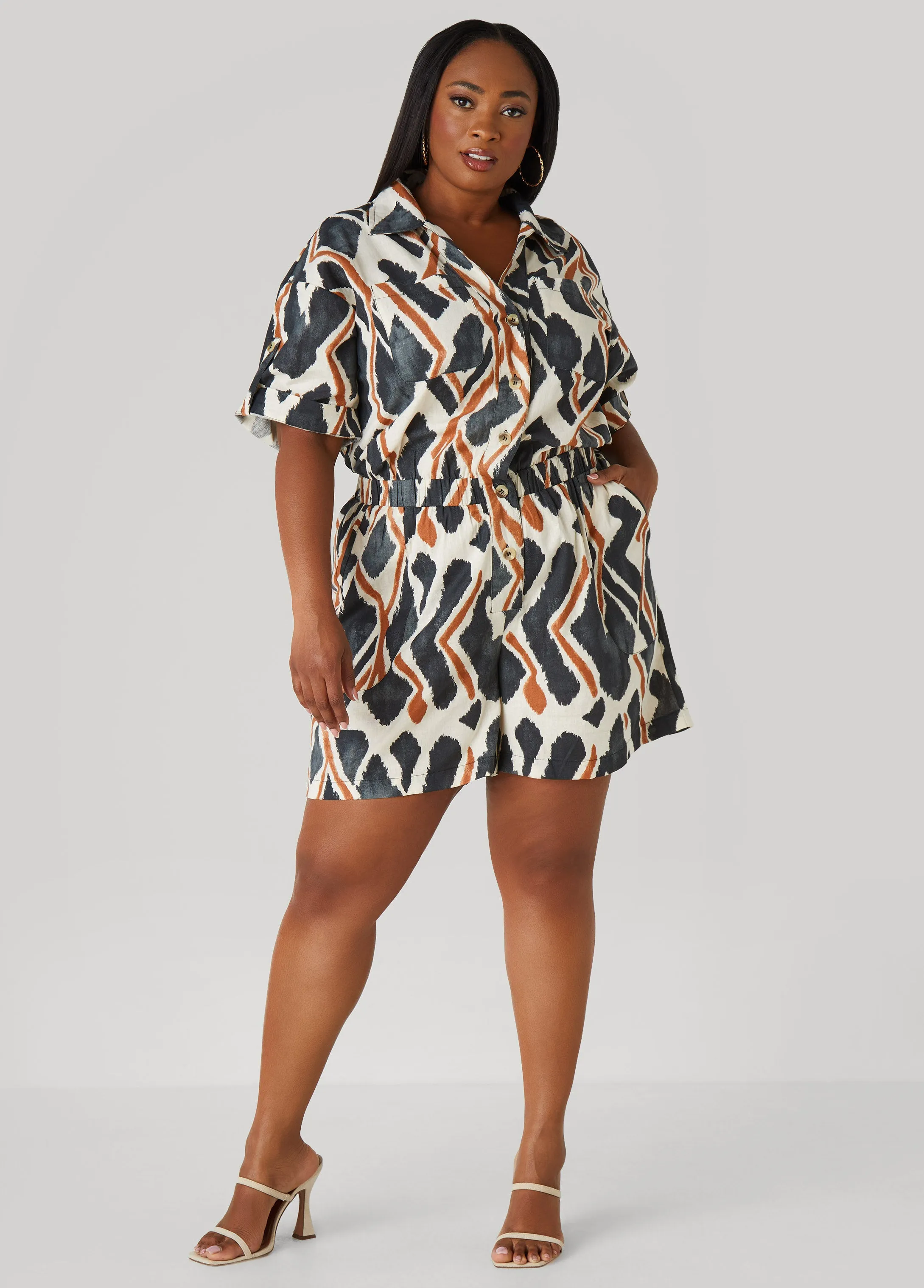Abstract Cotton And Linen Romper sold by Ashley Stewart
