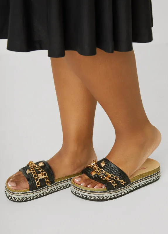 Chain Trimmed Faux Leather Sandals sold by Ashley Stewart