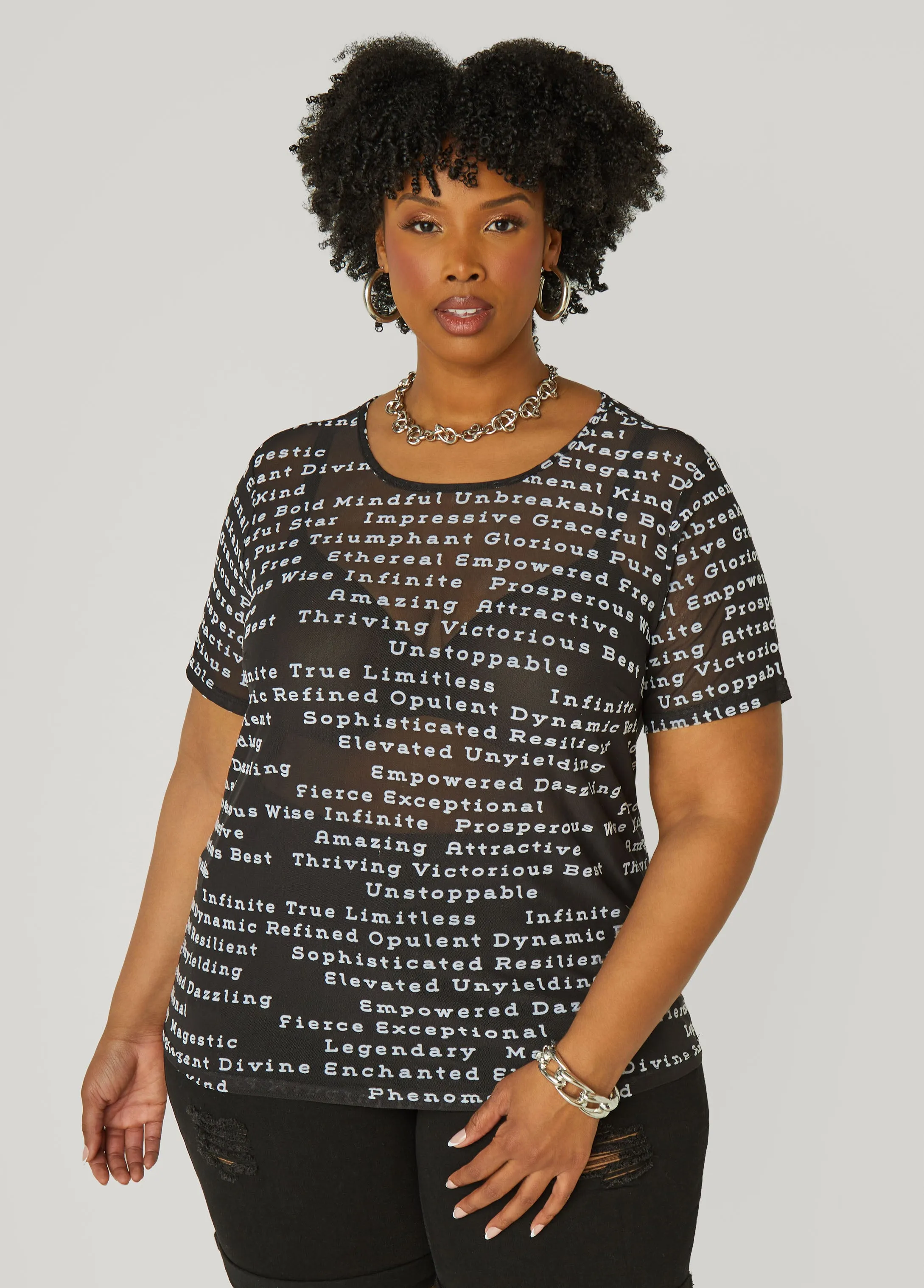 Flocked Affirmations Mesh Tee sold by Ashley Stewart