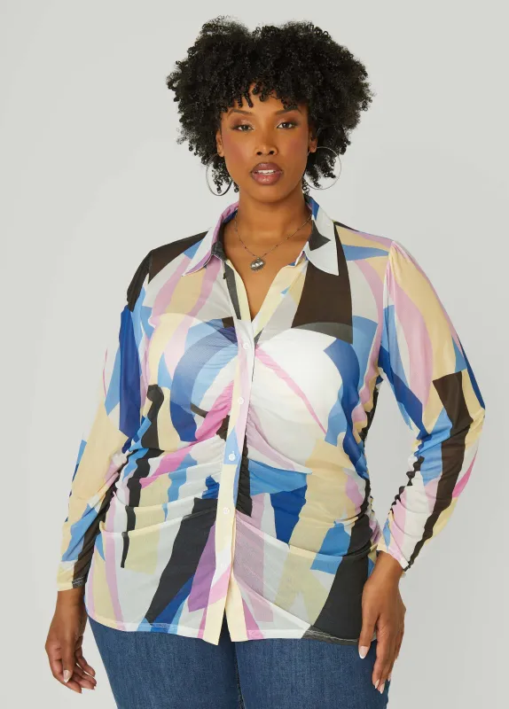 Gathered Abstract Print Mesh Shirt sold by Ashley Stewart