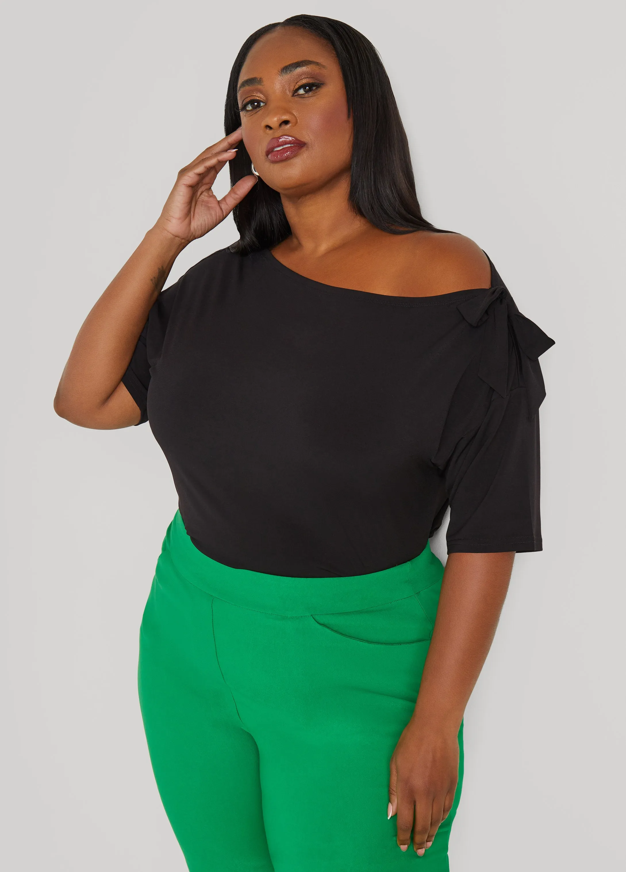 Bow Embellished One Shoulder Top sold by Ashley Stewart