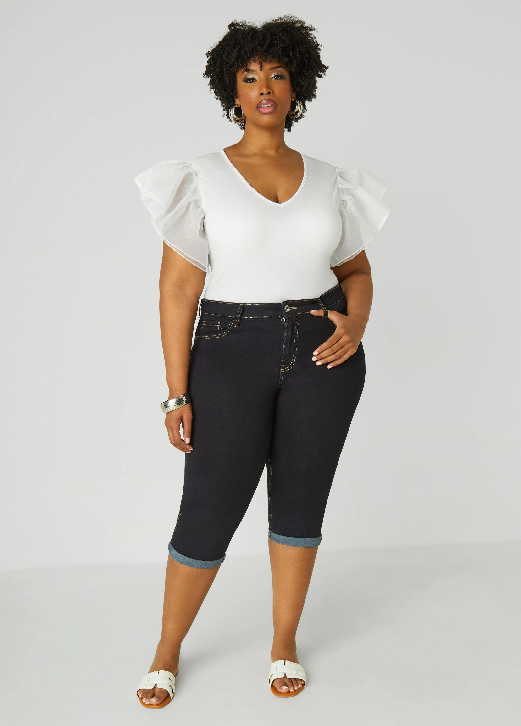 Mid Rise Cuffed Denim Capris sold by Ashley Stewart product image thumbnail 3