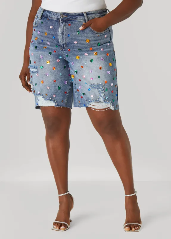 Crystal Distressed Denim Shorts sold by Ashley Stewart