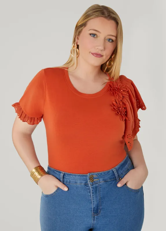 Floral Applique Poplin Paneled Tee sold by Ashley Stewart