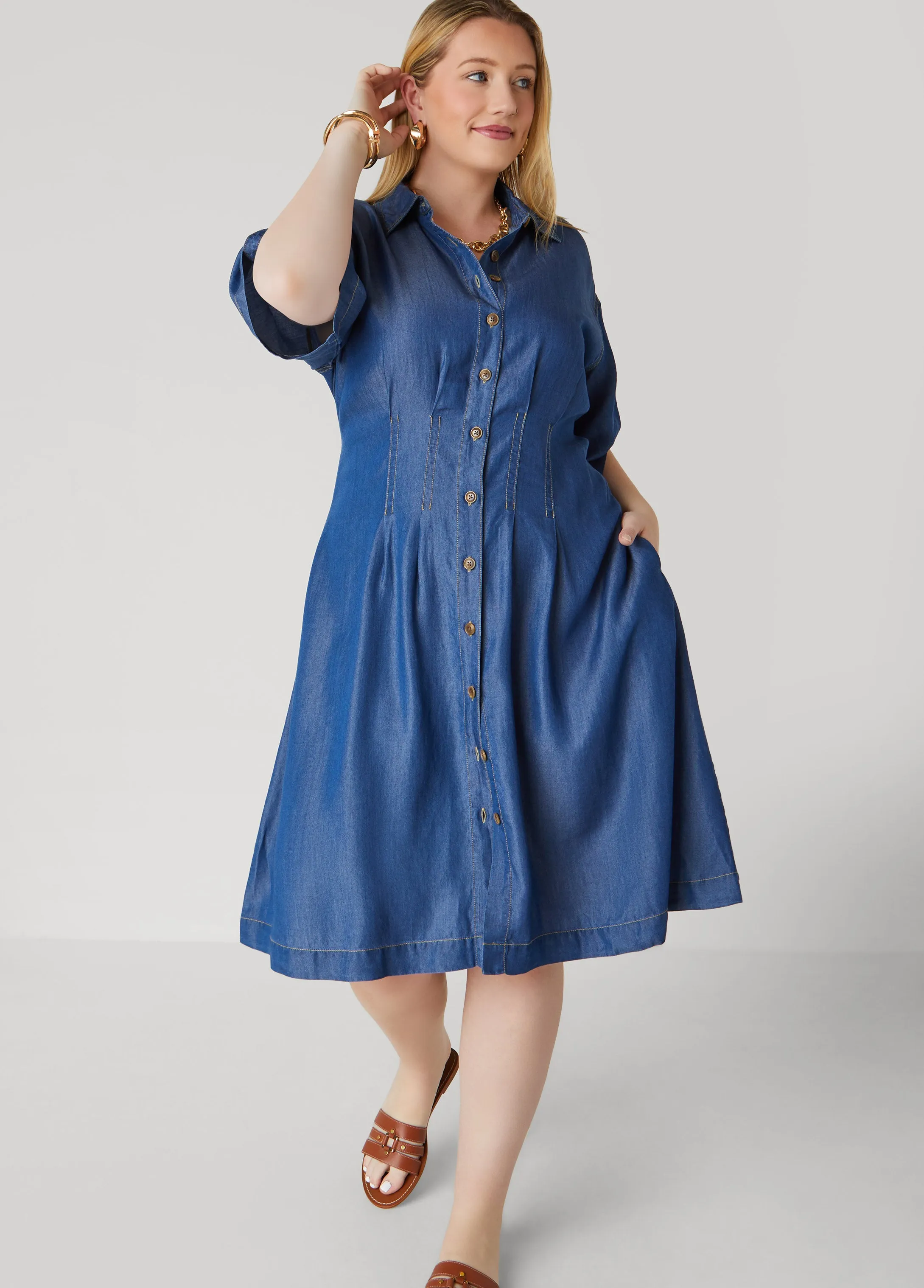 Chambray A Line Shirtdress sold by Ashley Stewart product image thumbnail 3