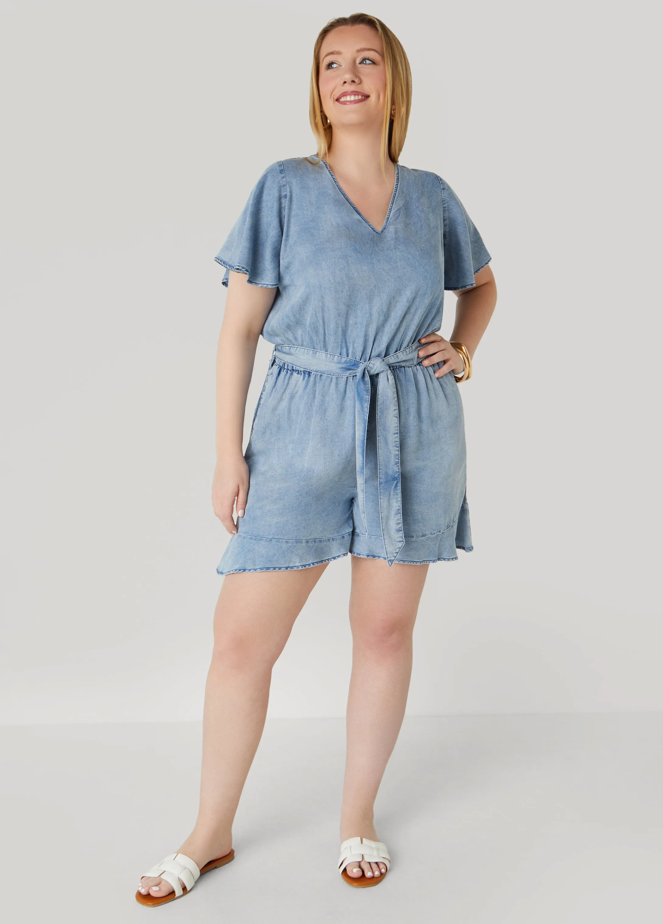 Ruffle Trimmed Chambray Romper sold by Ashley Stewart product image thumbnail 3
