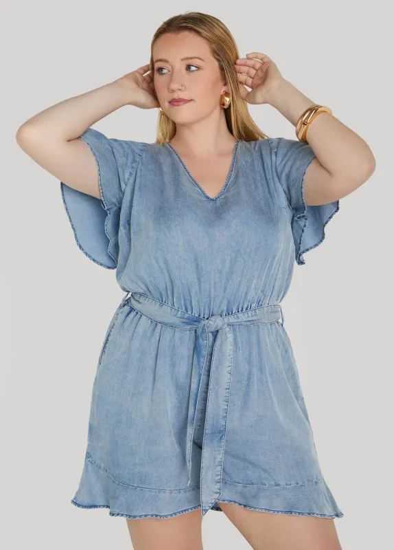 Ruffle Trimmed Chambray Romper sold by Ashley Stewart