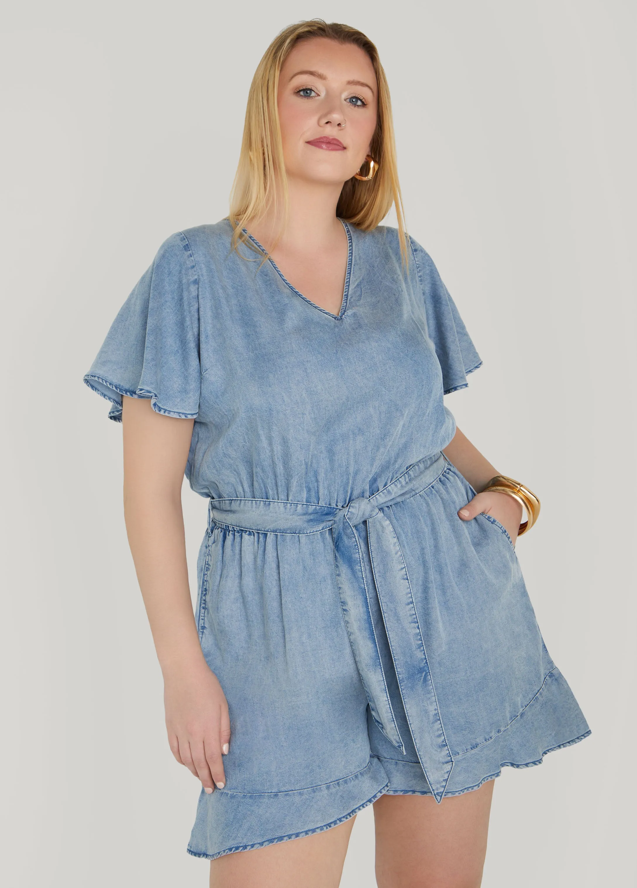 Ruffle Trimmed Chambray Romper sold by Ashley Stewart product image thumbnail 4