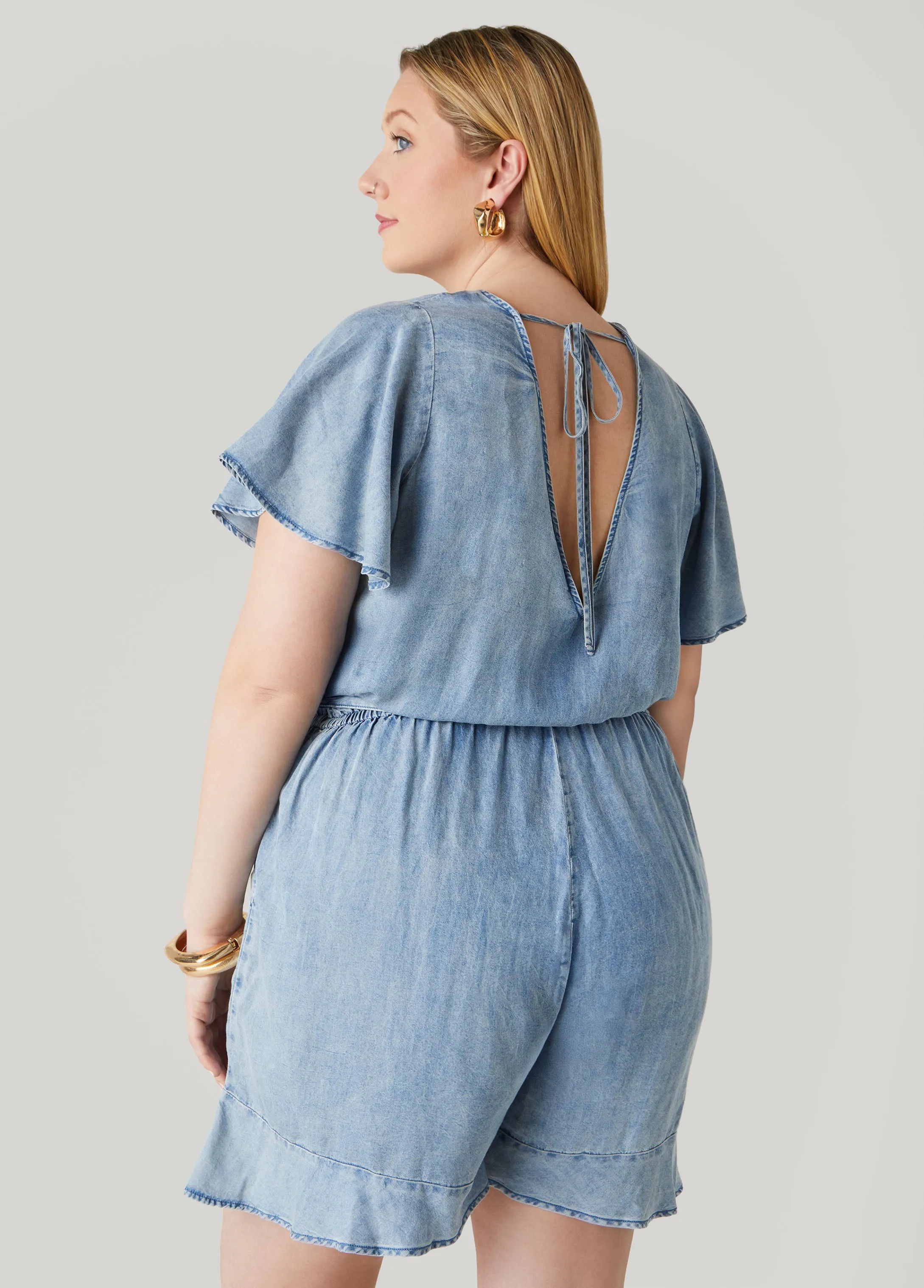 Ruffle Trimmed Chambray Romper sold by Ashley Stewart product image thumbnail 2