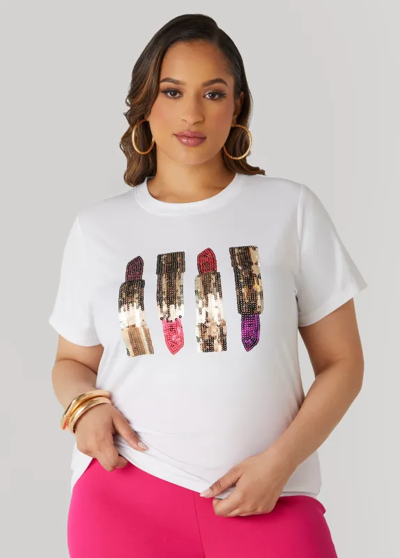 Lipstick Sequined Tee sold by Ashley Stewart