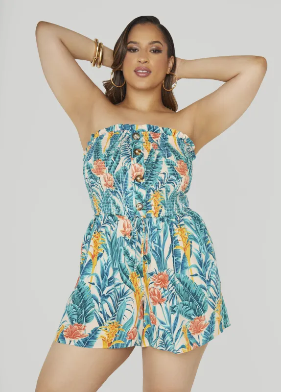 Strapless Tropical Print Romper sold by Ashley Stewart
