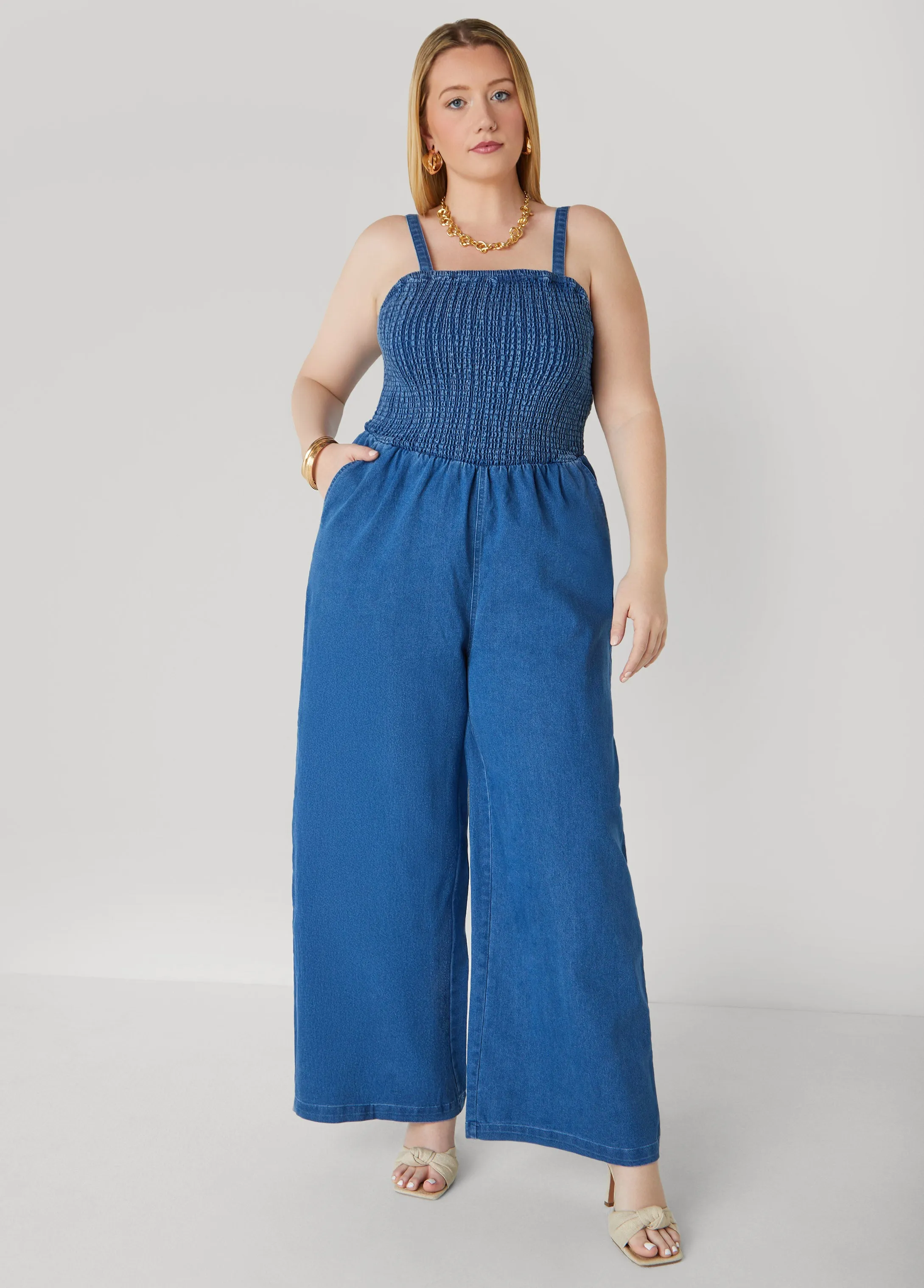 Shirred Denim Wide Leg Jumpsuit sold by Ashley Stewart
