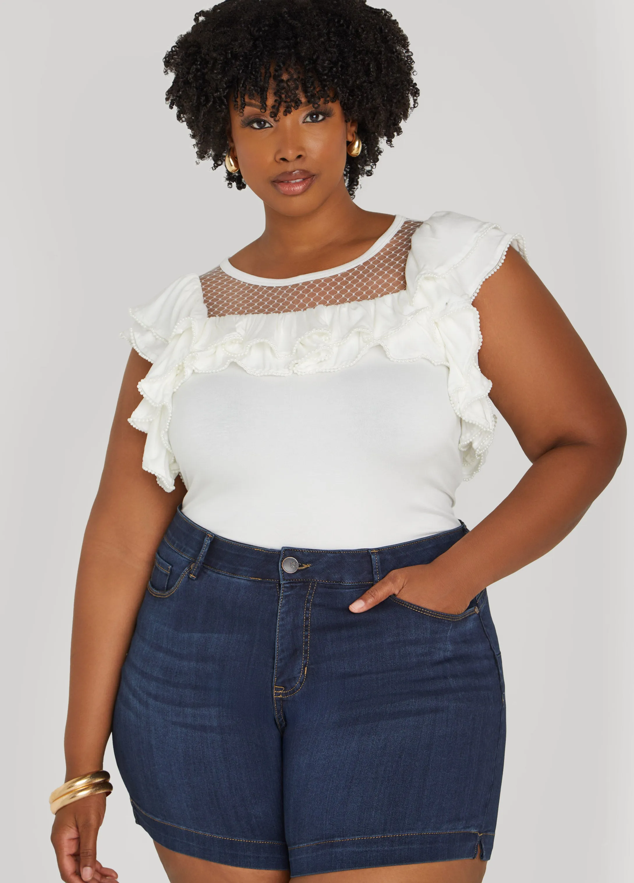 Faux Pearl Mesh Paneled Top sold by Ashley Stewart