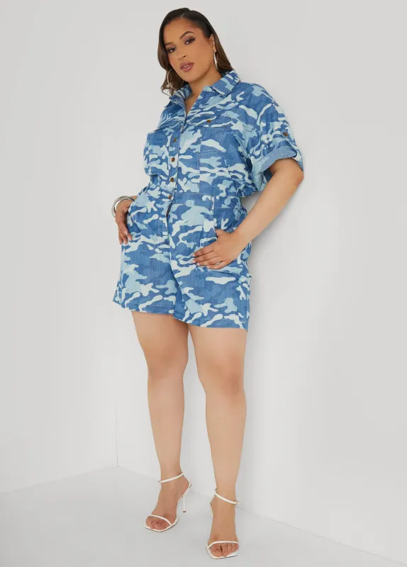 Camo Print Denim Romper sold by Ashley Stewart
