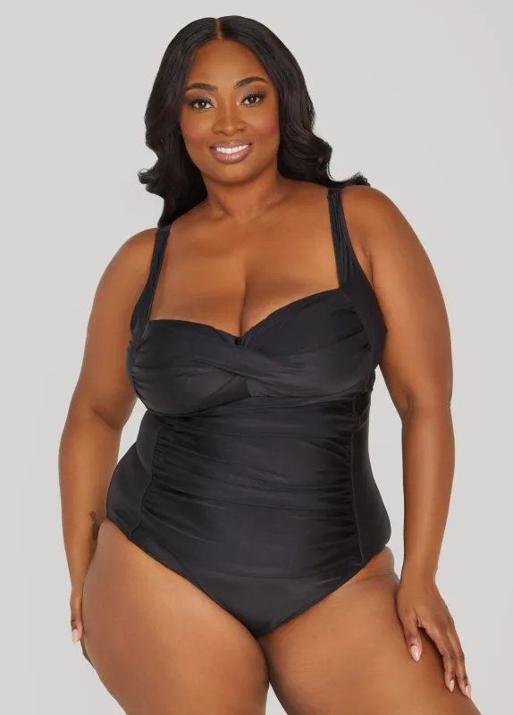 Betsey Johnson Gathered Swimsuit sold by Ashley Stewart