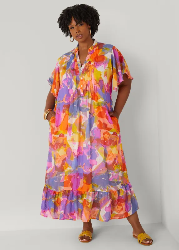 Pleated Watercolor Maxi Dress sold by Ashley Stewart
