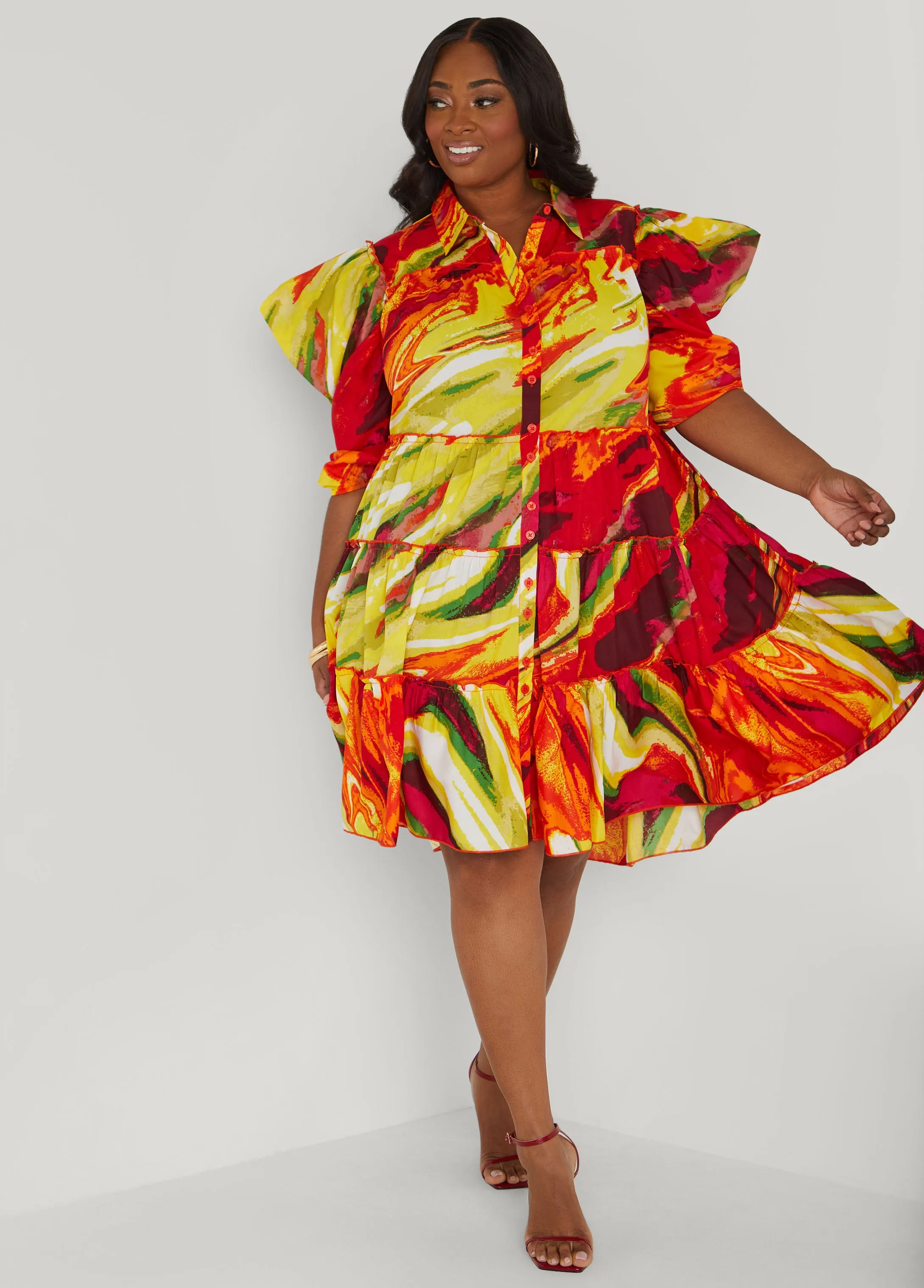 Ruffled Brushstroke Shirtdress sold by Ashley Stewart product image thumbnail 3