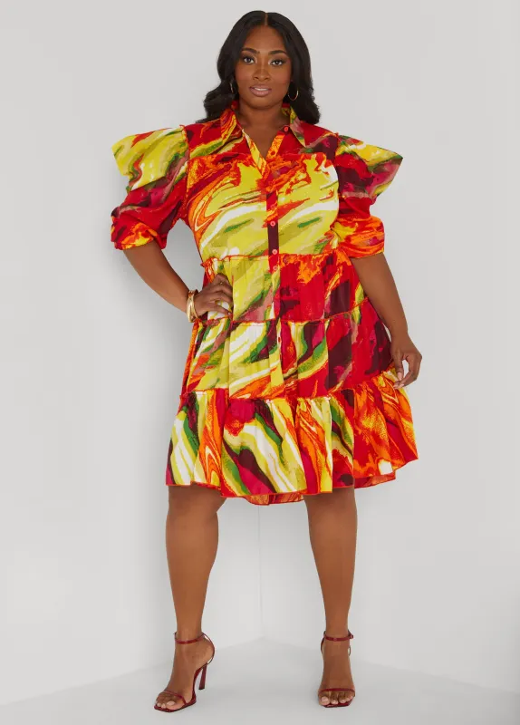 Ruffled Brushstroke Shirtdress sold by Ashley Stewart