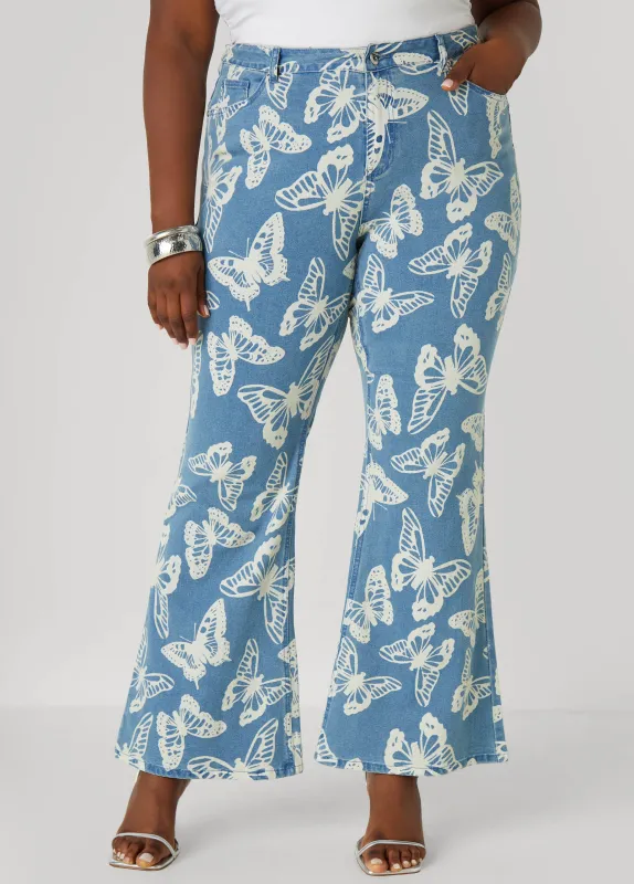 Butterfly Print Flared Jeans sold by Ashley Stewart