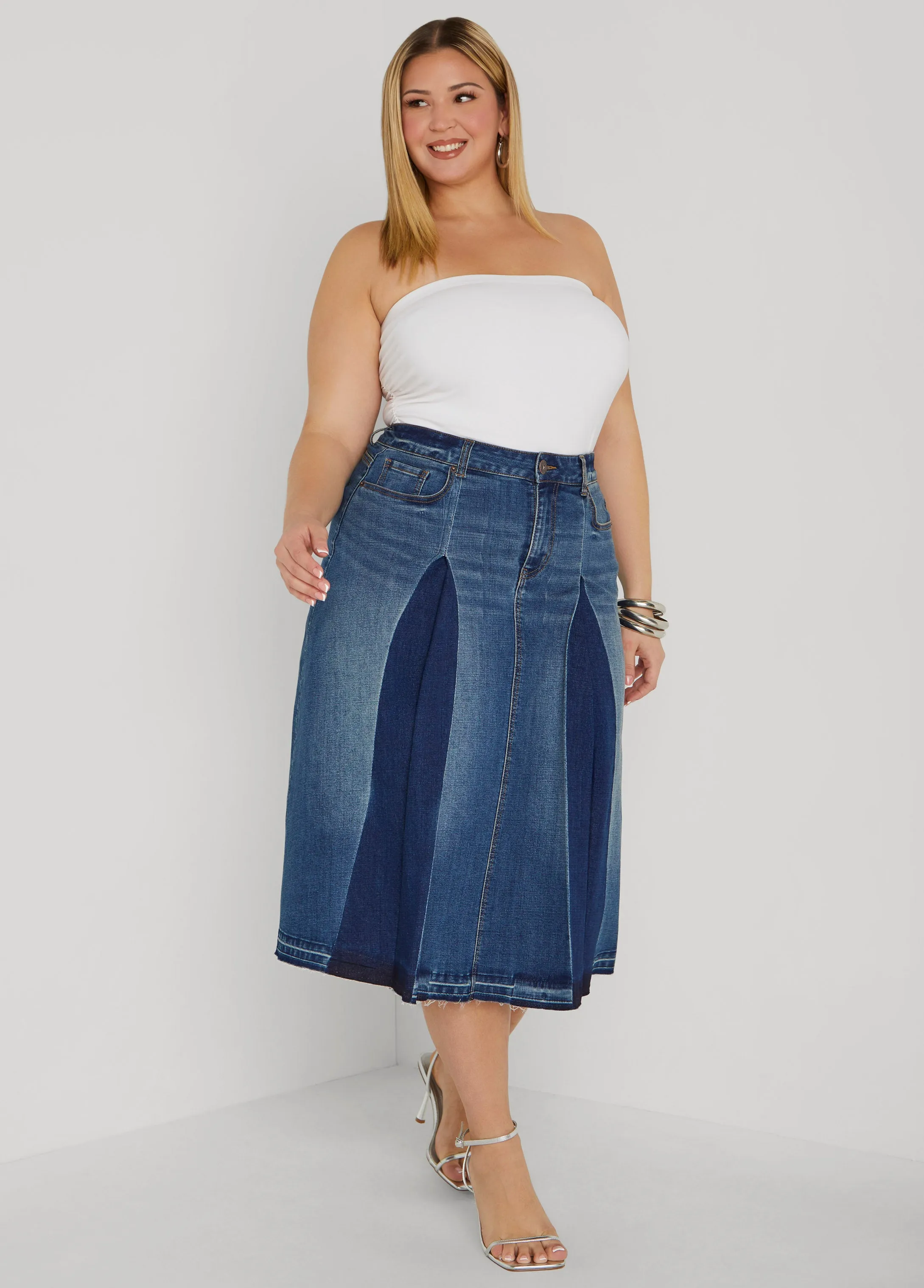Frayed Pleated Denim Midi Skirt sold by Ashley Stewart product image thumbnail 3