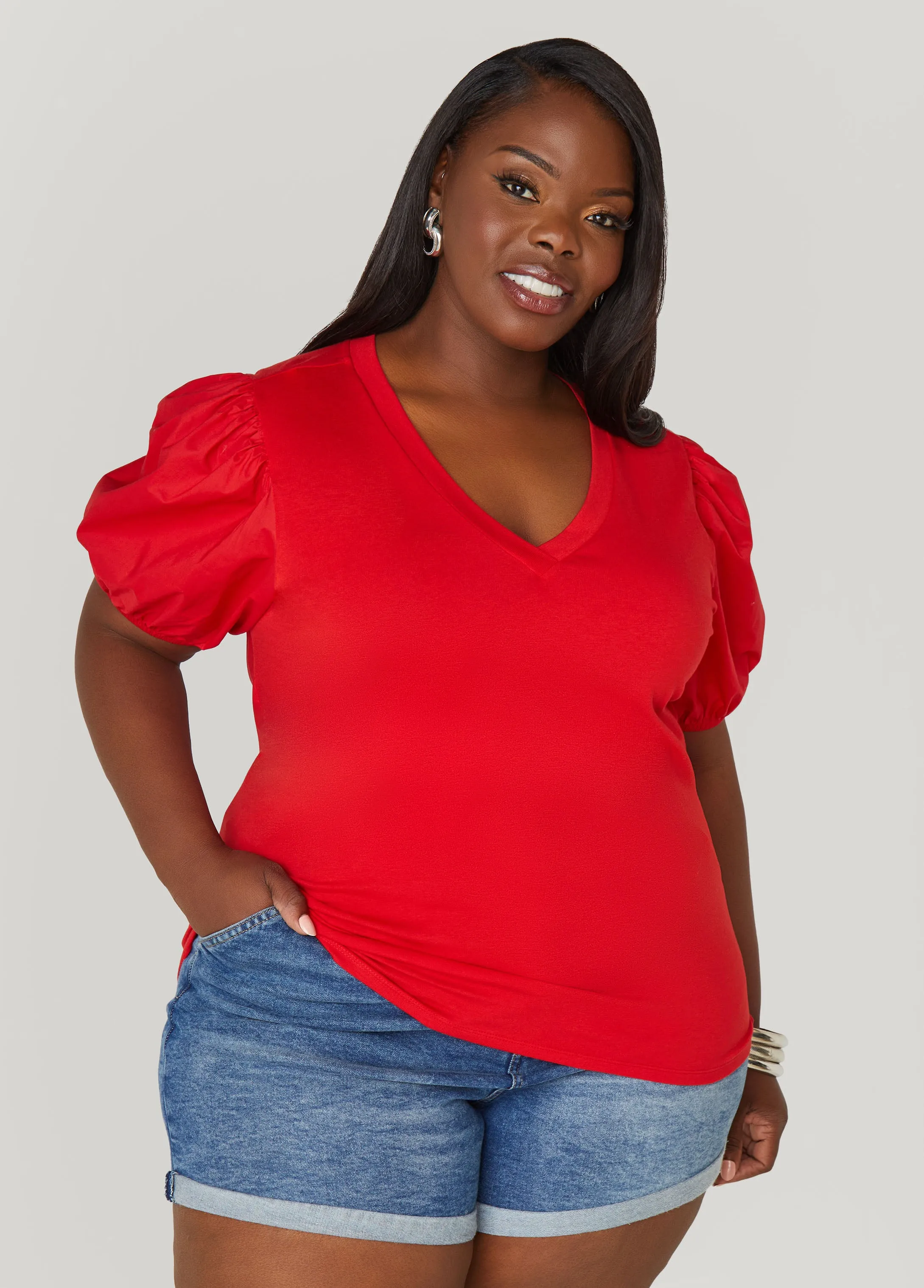 Puff Sleeve Paneled V Neck Tee sold by Ashley Stewart product image thumbnail 5