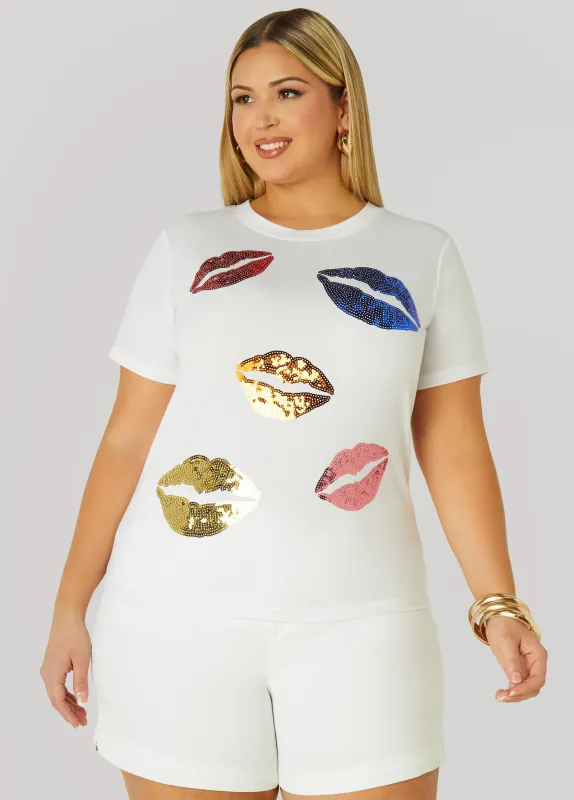 Lips Sequin Applique Tee sold by Ashley Stewart