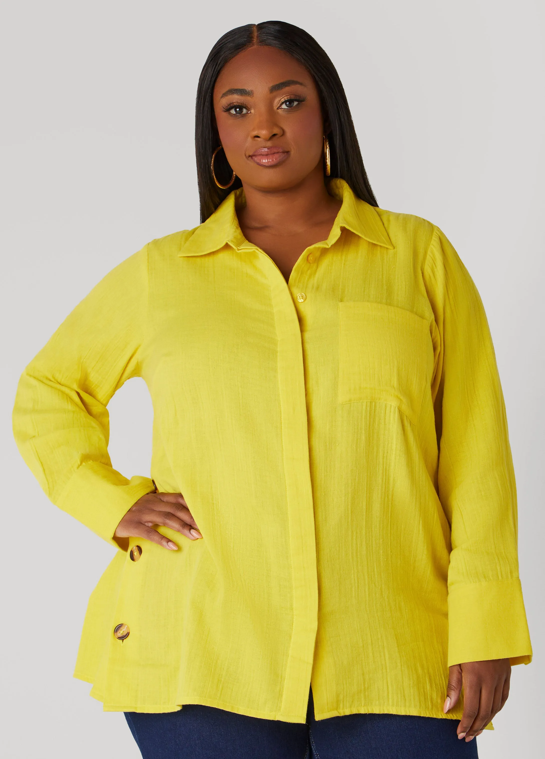 Button Detailed Cotton Gauze Shirt sold by Ashley Stewart