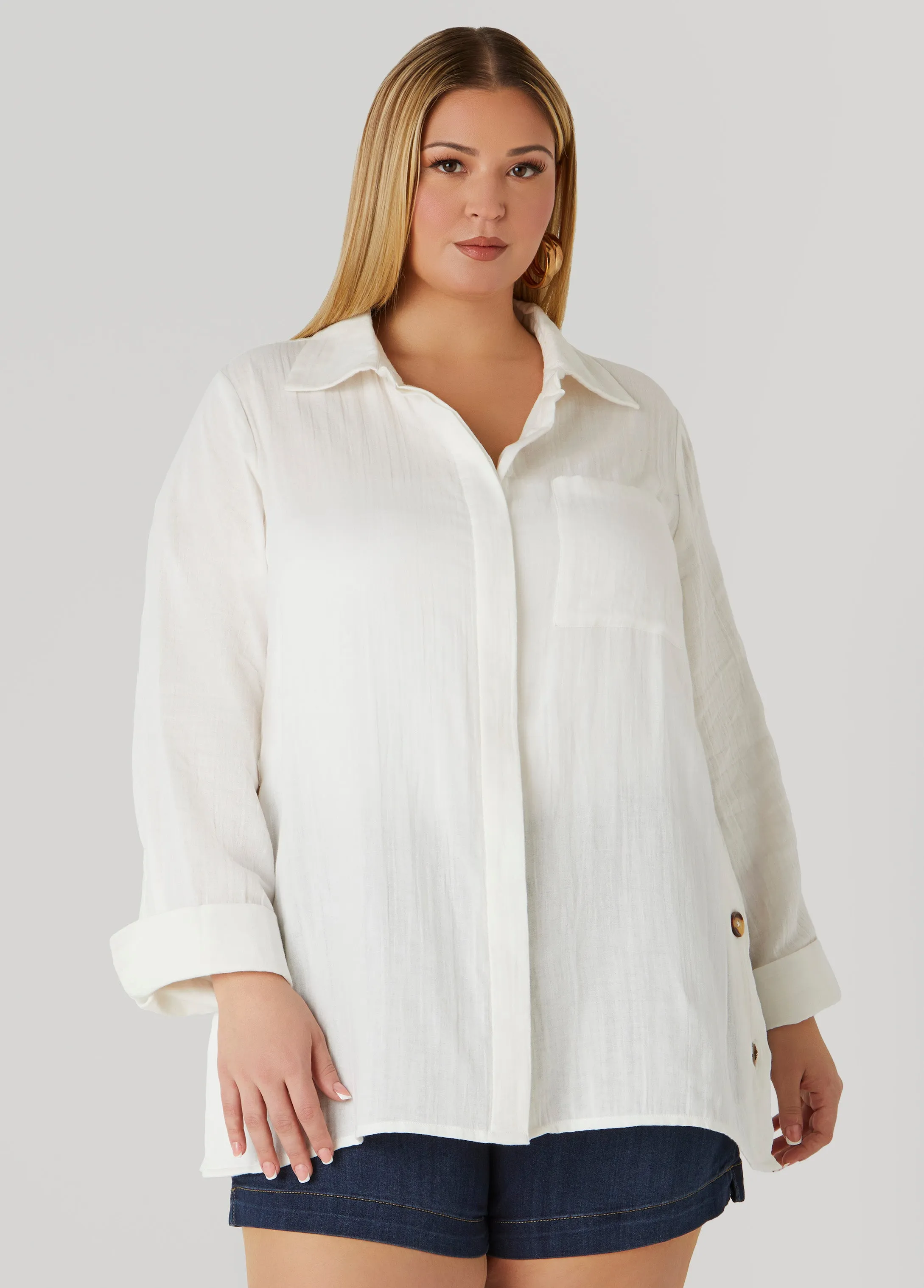 Button Detailed Cotton Gauze Shirt sold by Ashley Stewart product image thumbnail 5