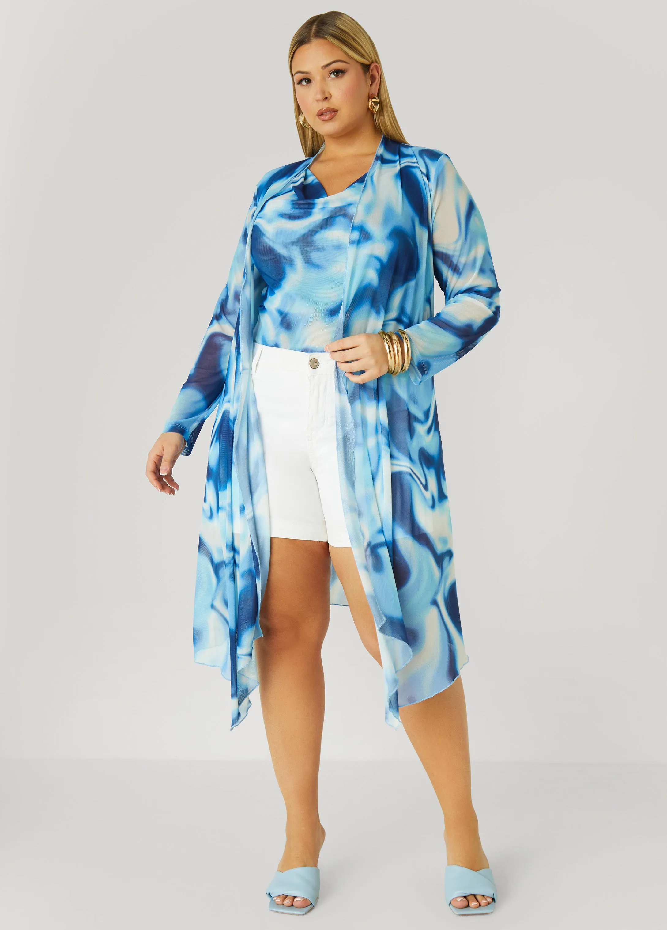 Open Front Watercolor Mesh Duster sold by Ashley Stewart