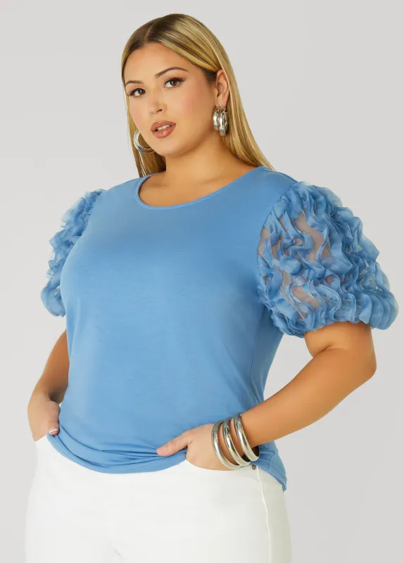 Ruffled Mesh Paneled Top sold by Ashley Stewart