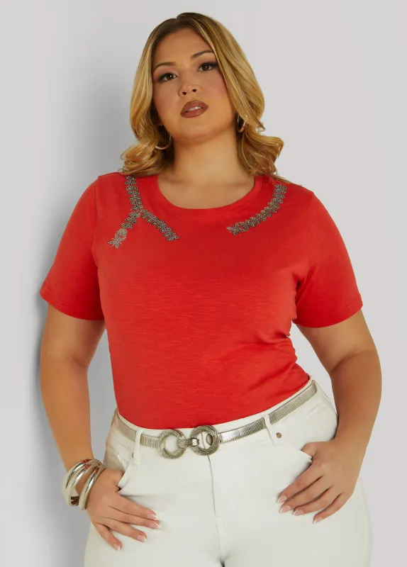 Sequin Leaf Applique Tee sold by Ashley Stewart