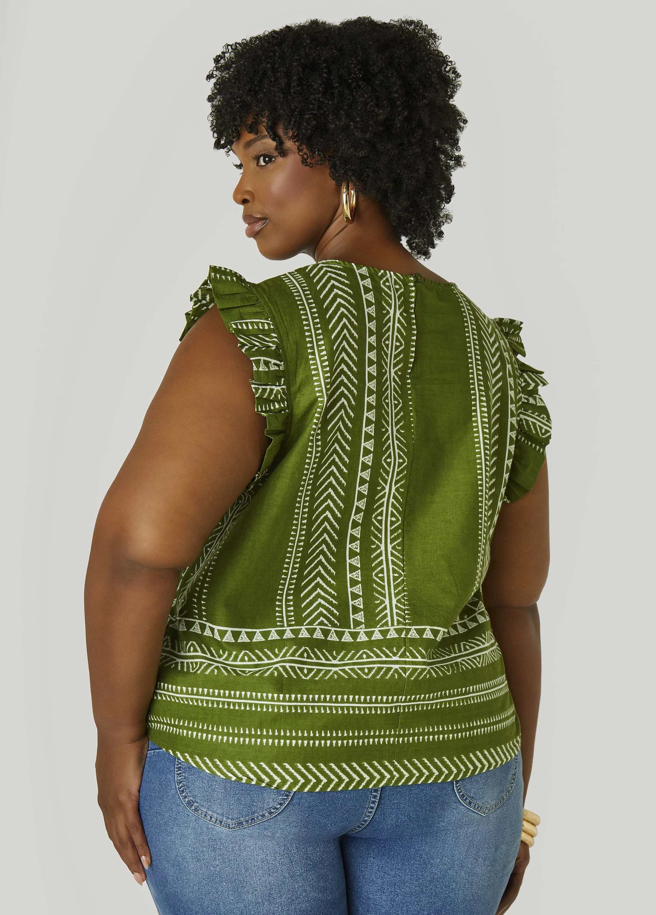 Ruffle Trimmed Printed Cotton Top sold by Ashley Stewart product image thumbnail 2