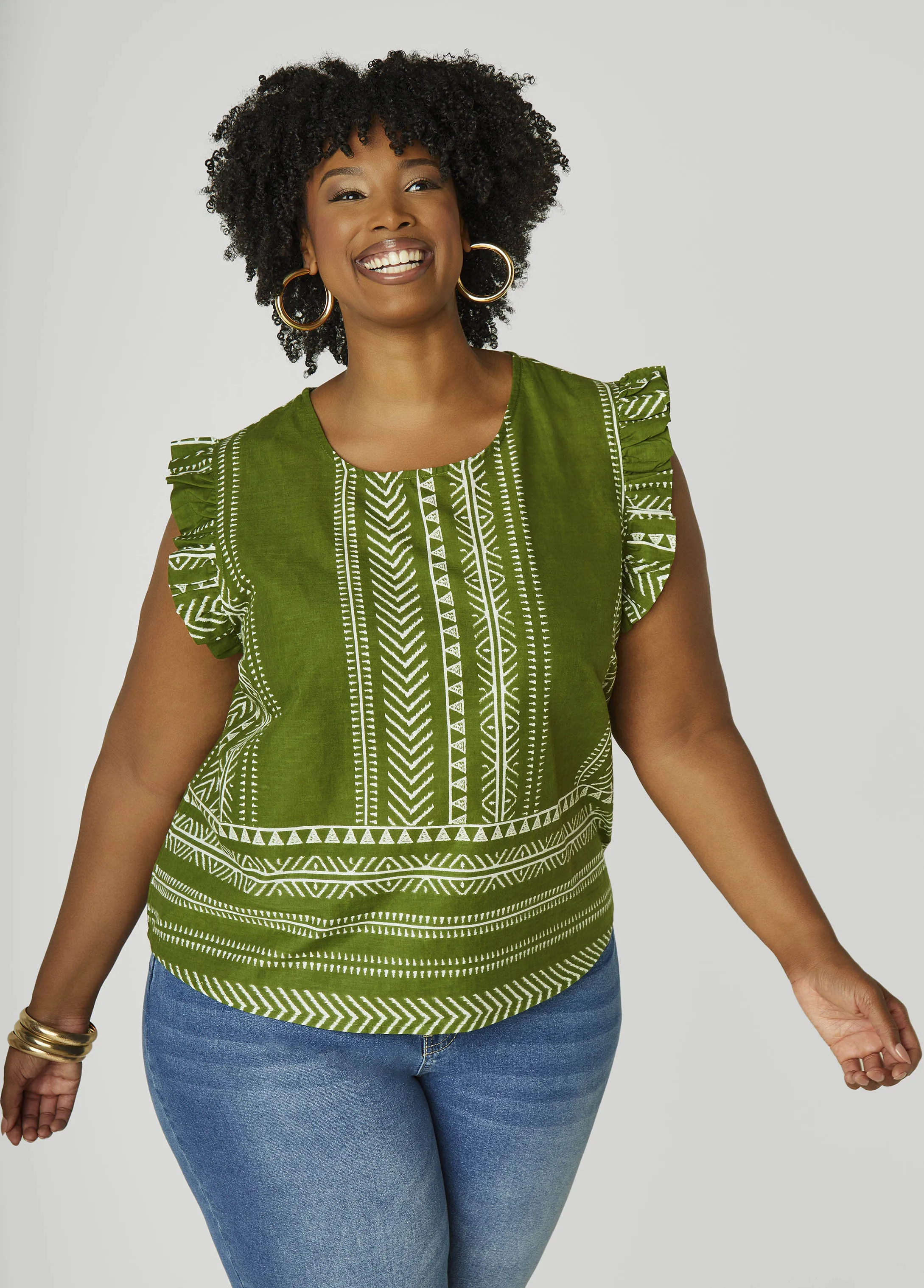 Ruffle Trimmed Printed Cotton Top sold by Ashley Stewart product image thumbnail 3