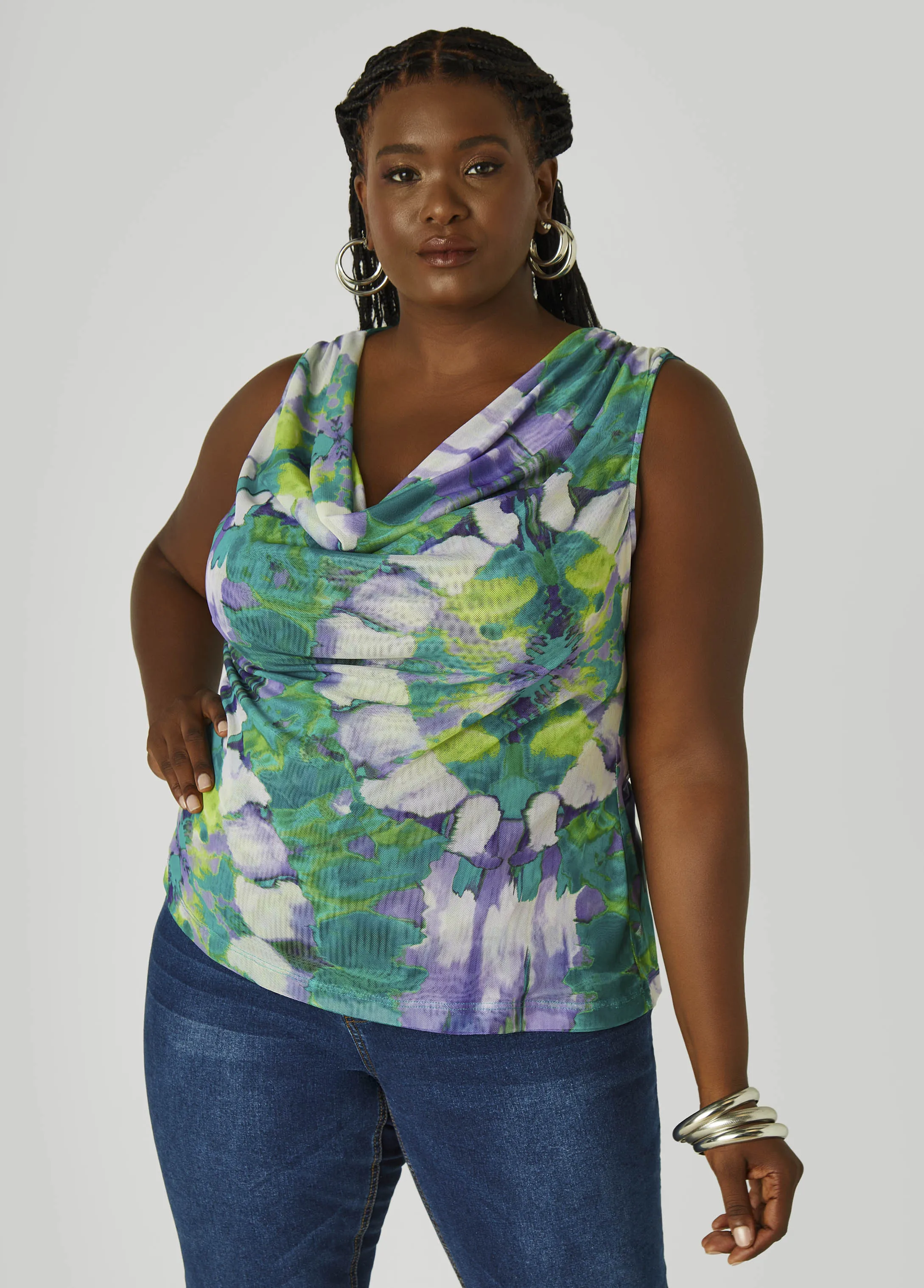 Cowl Neck Printed Mesh Top sold by Ashley Stewart