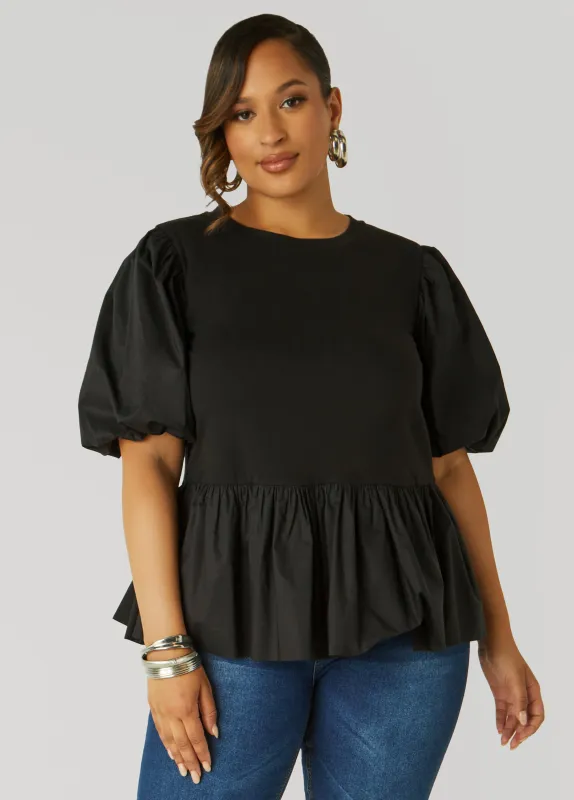 Puff Sleeved Peplum Tee sold by Ashley Stewart