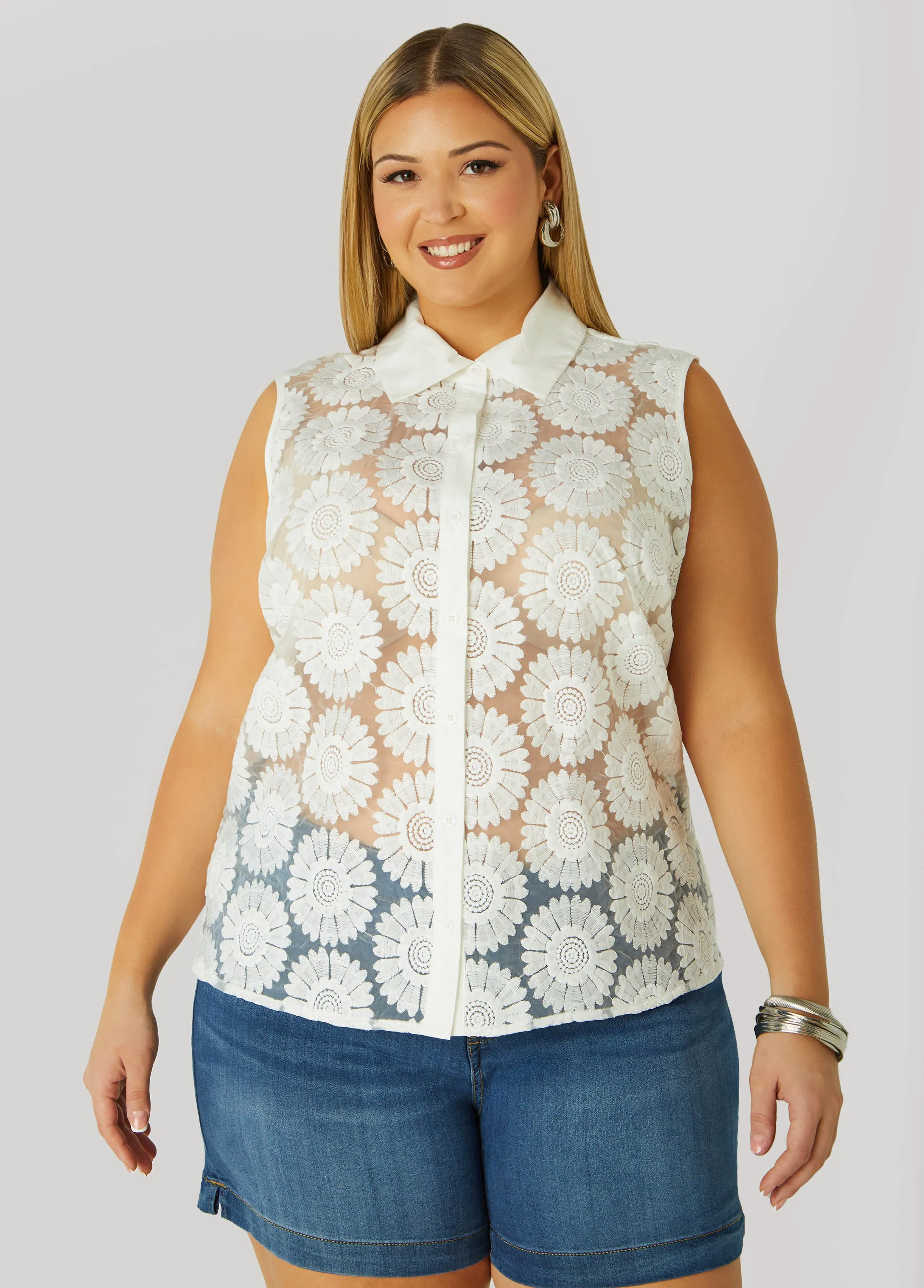 Floral Embroidered Mesh Shirt sold by Ashley Stewart