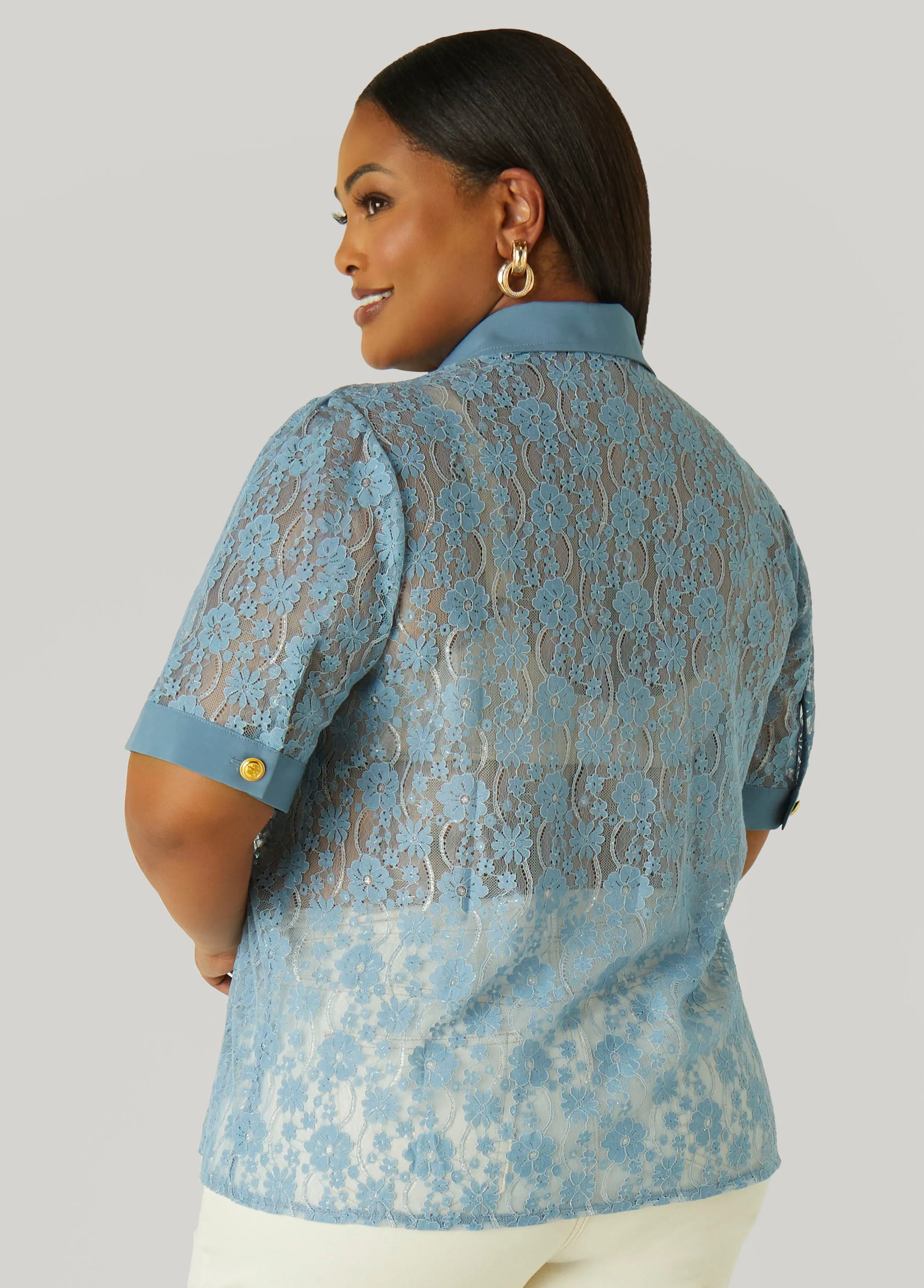 Metallic Floral Lace Shirt sold by Ashley Stewart product image thumbnail 2