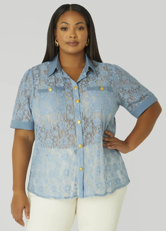 Metallic Floral Lace Shirt sold by Ashley Stewart