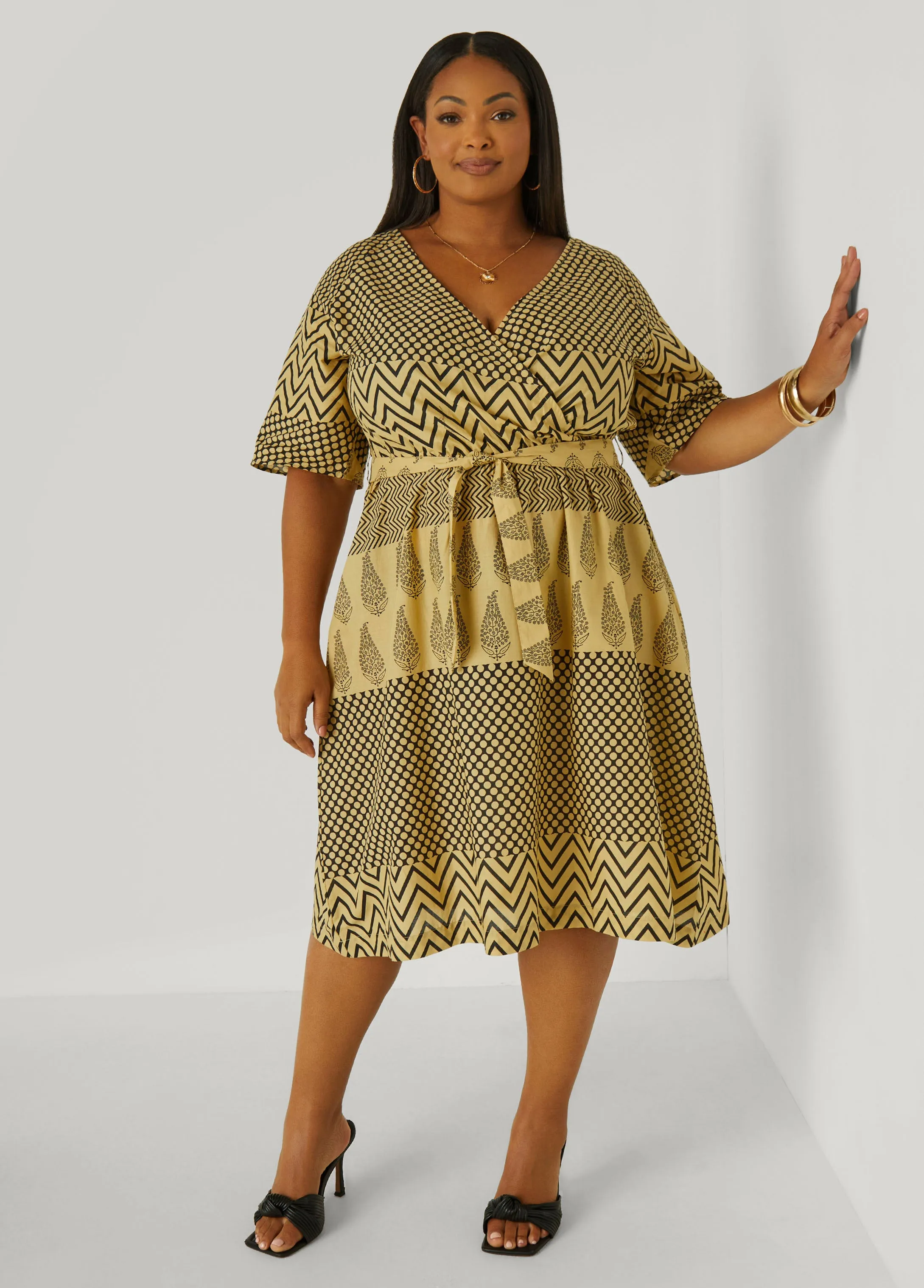 Faux Wrap Printed Cotton Dress sold by Ashley Stewart