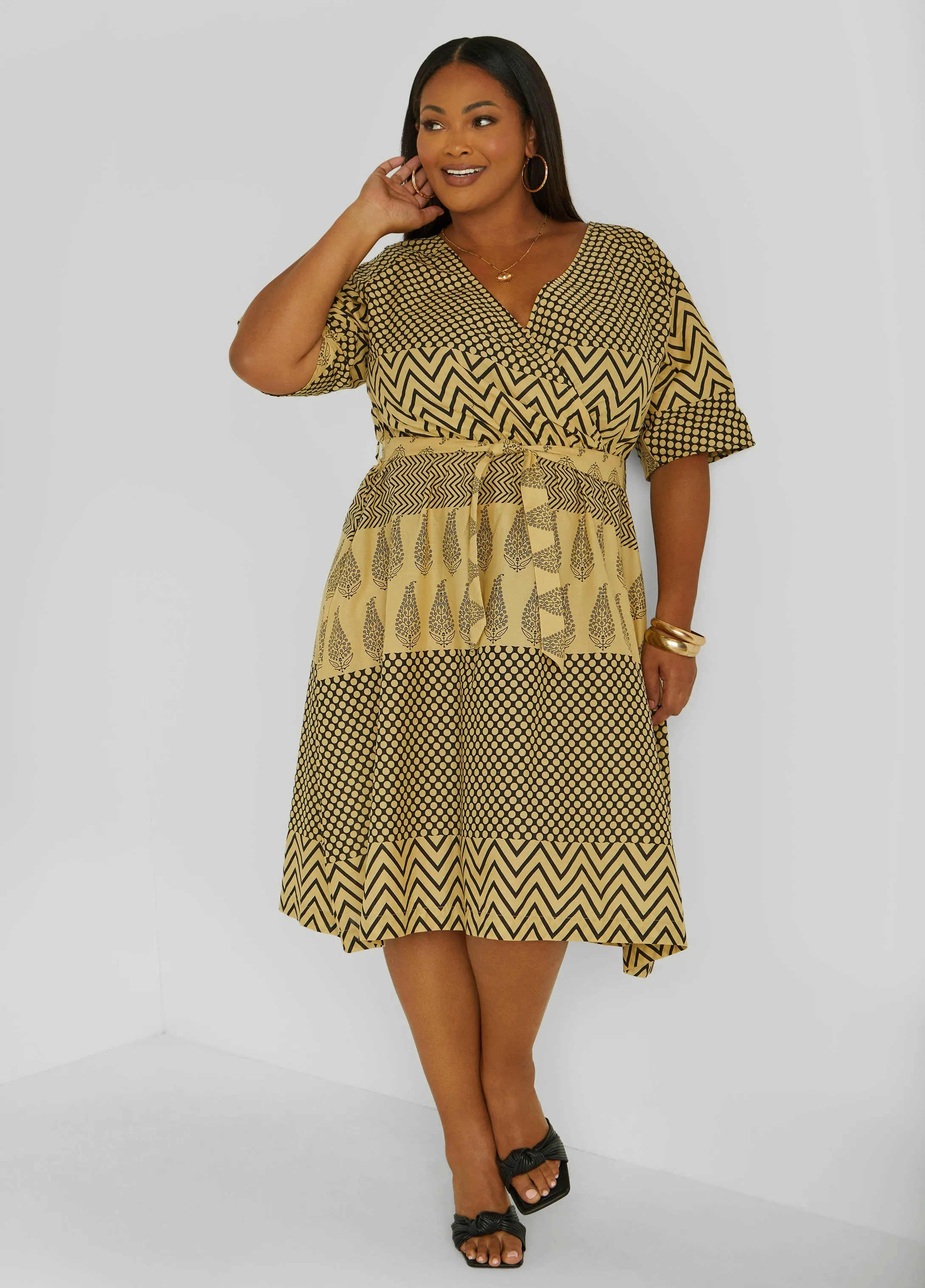 Faux Wrap Printed Cotton Dress sold by Ashley Stewart product image thumbnail 3