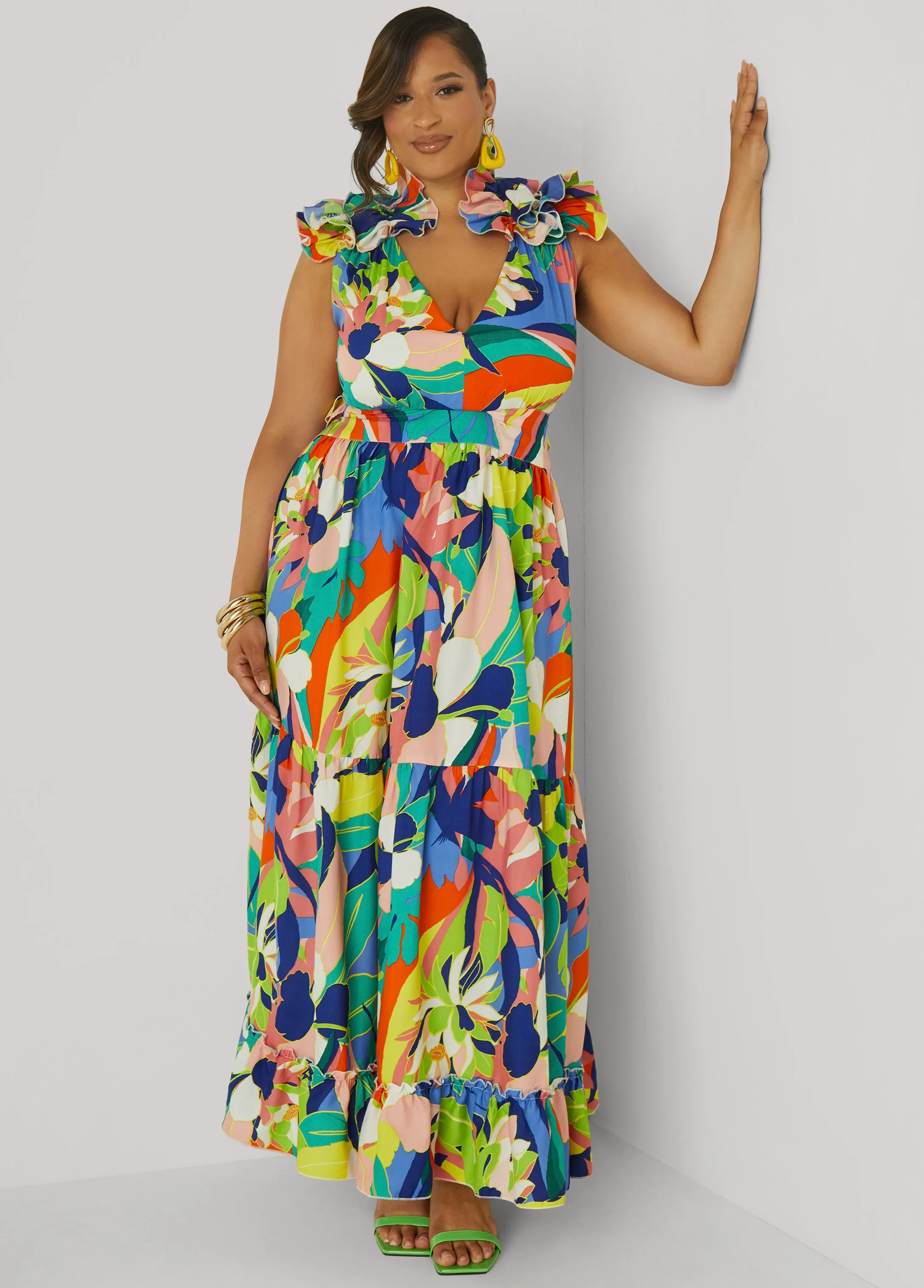 Lace Up Floral Print Maxi Dress sold by Ashley Stewart