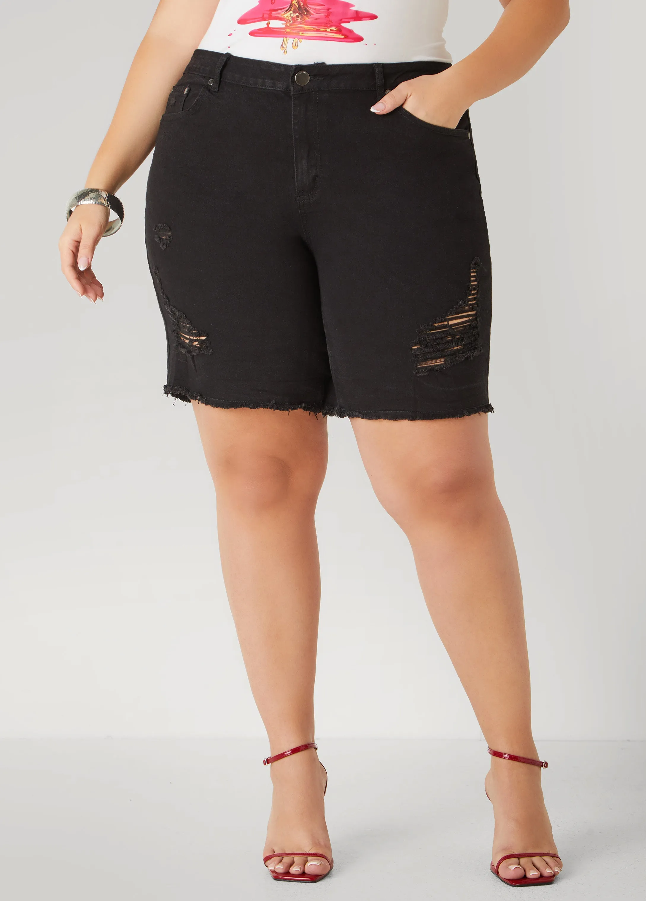 High Rise Distressed Denim Shorts sold by Ashley Stewart product image thumbnail 4