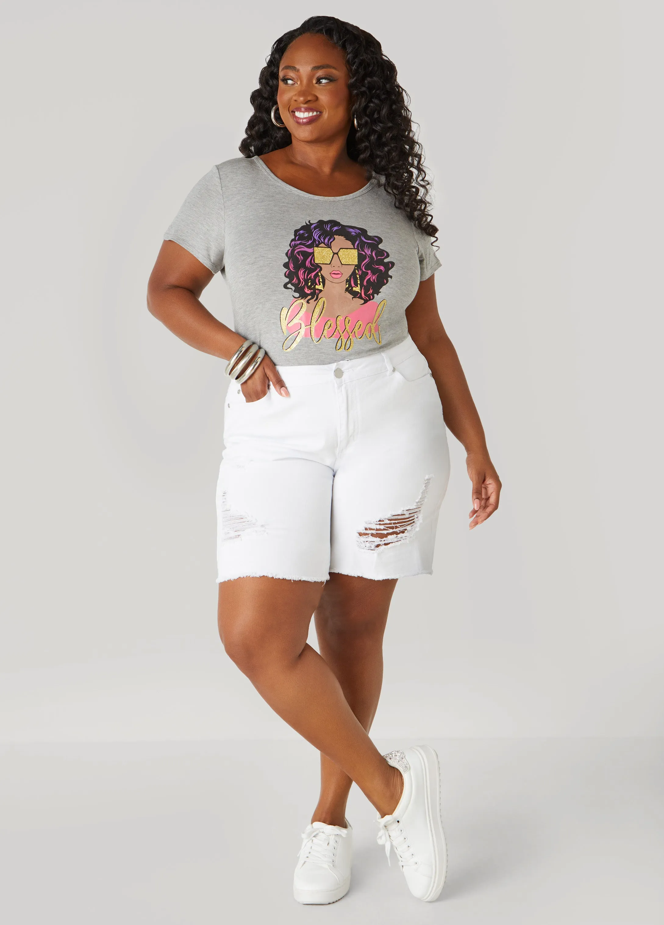 High Rise Distressed Denim Shorts sold by Ashley Stewart product image thumbnail 3