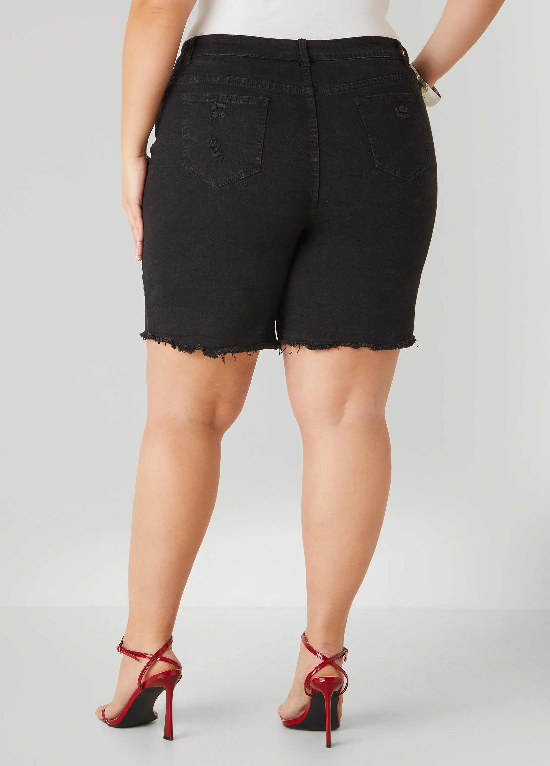 High Rise Distressed Denim Shorts sold by Ashley Stewart product image thumbnail 5